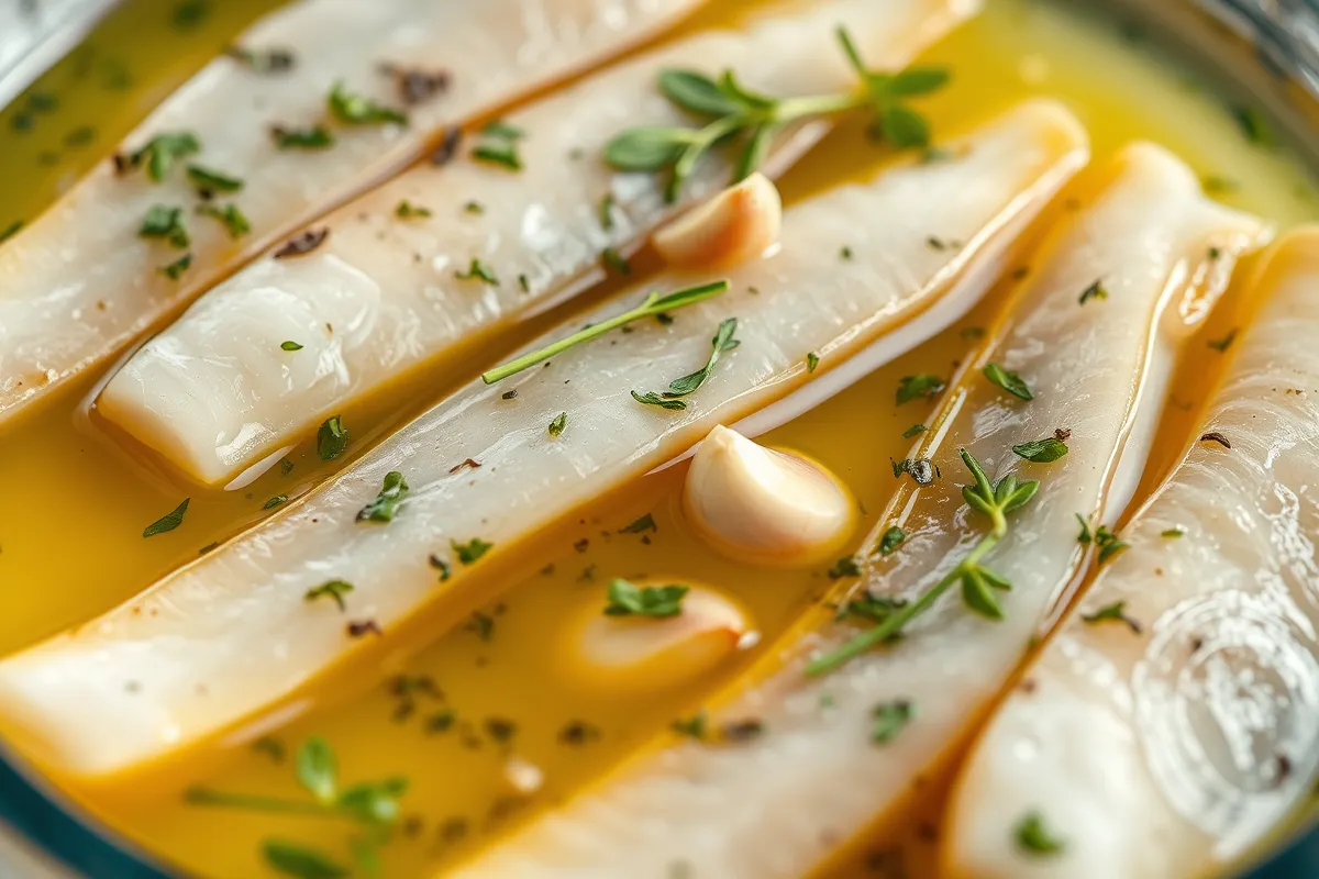 Close-up of boquerones fillets in a glass dish marinated with vinegar, olive oil, garlic, and herbs.