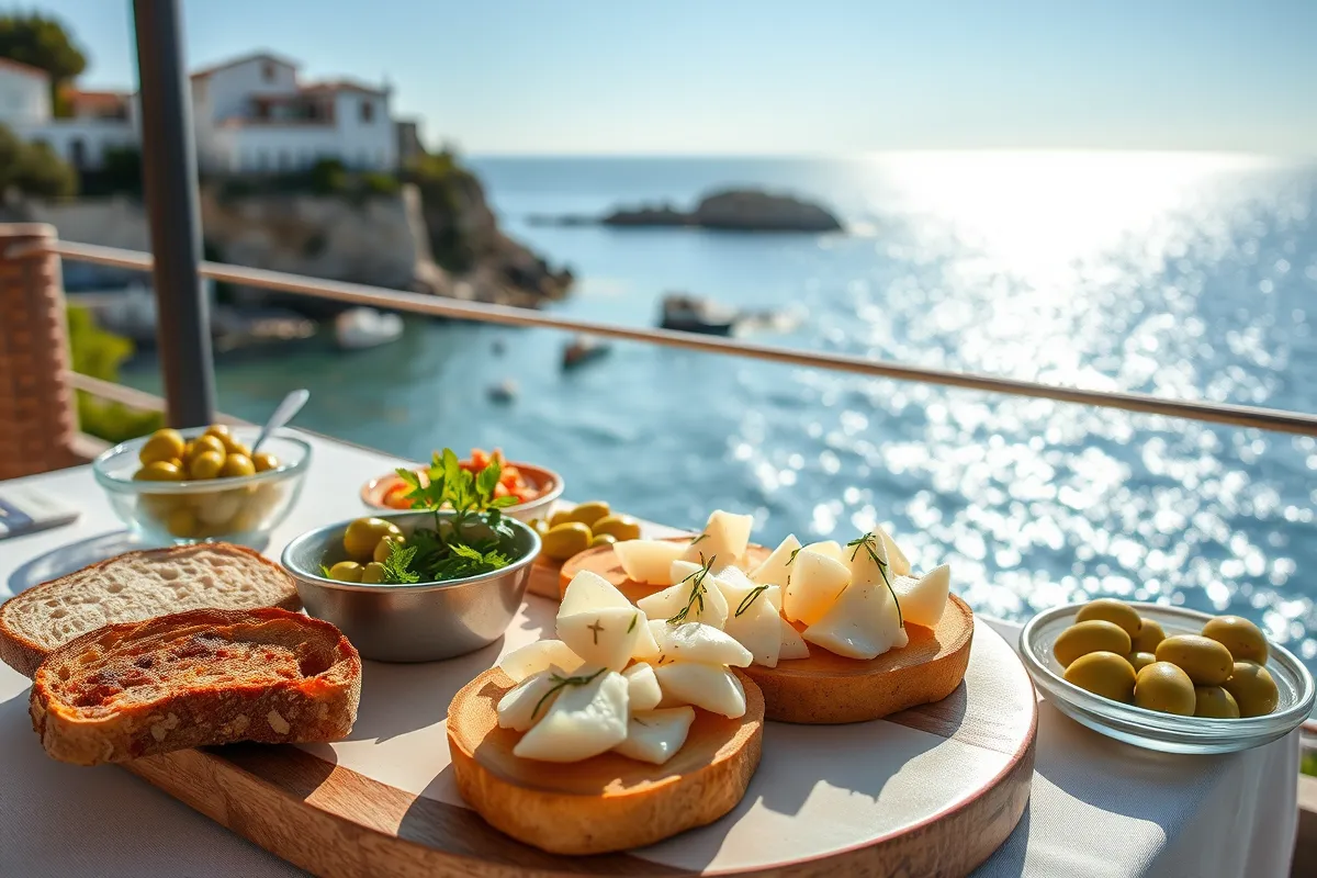 Tapas spread with boquerones, green olives, bread, on a table by the Mediterranean coastline.