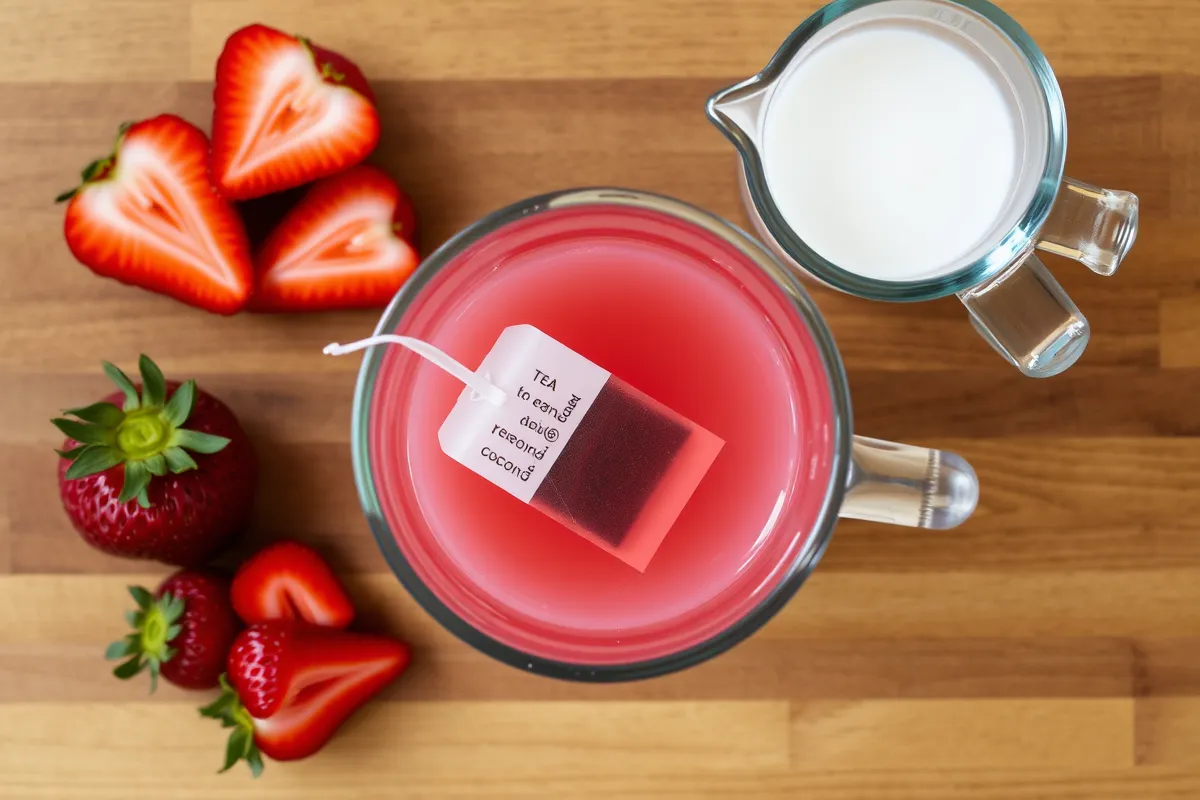 Ingredients and preparation for making a pink drink, including strawberries, coconut milk, and tea.