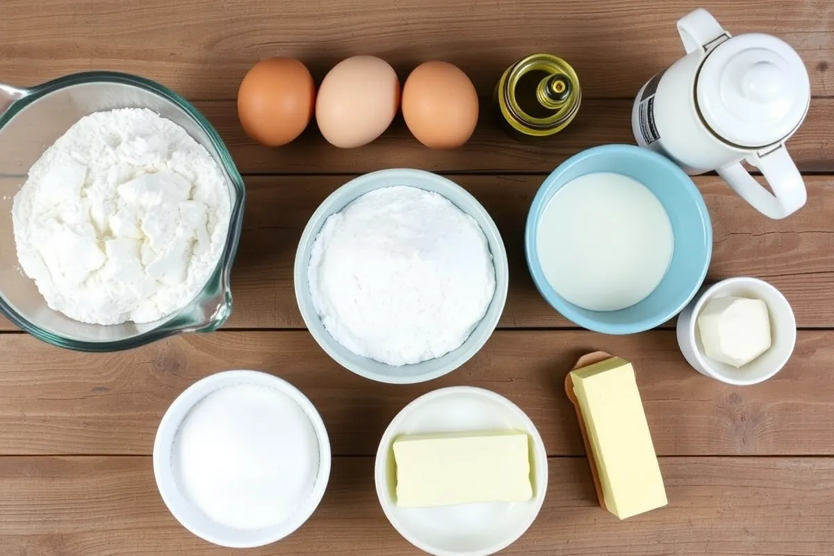 Ingredients for making mini Belgian pancakes, including flour, eggs, yeast, milk, sugar, and butter, on a rustic wooden table.