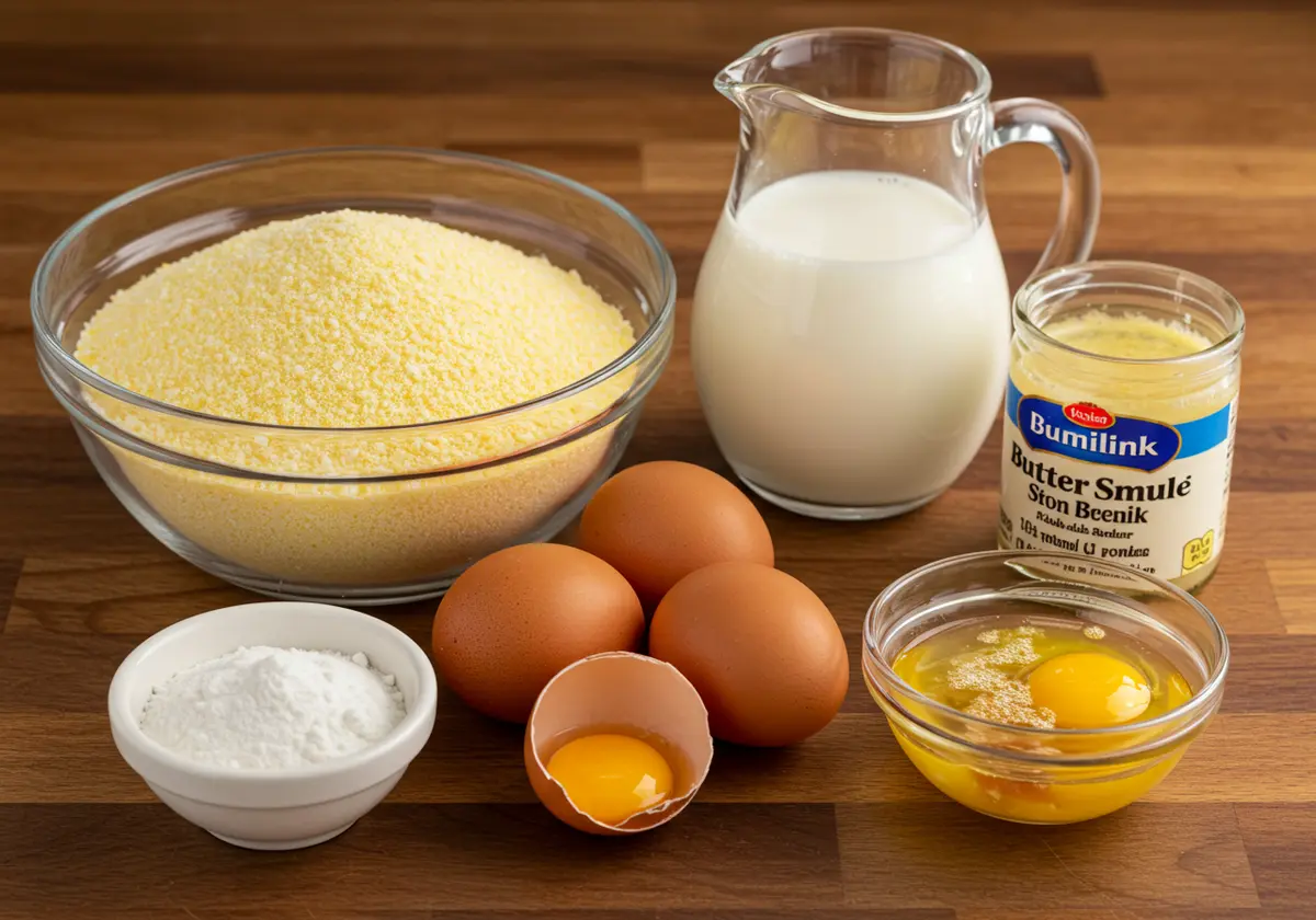 Ingredients for southern cornbread on a wooden counter.