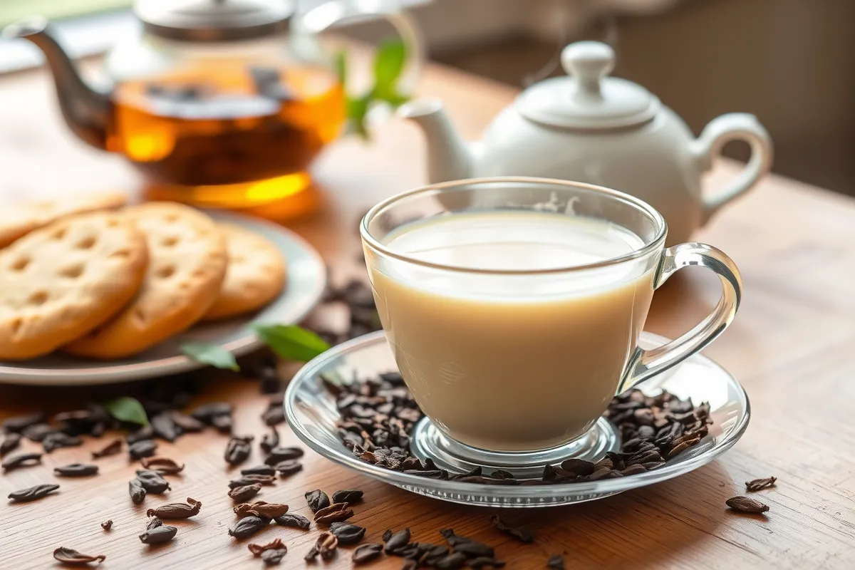 A steaming cup of English Breakfast Tea with milk on a wooden table, surrounded by fresh tea leaves, a teapot, and a plate of biscuits, with warm natural lighting.