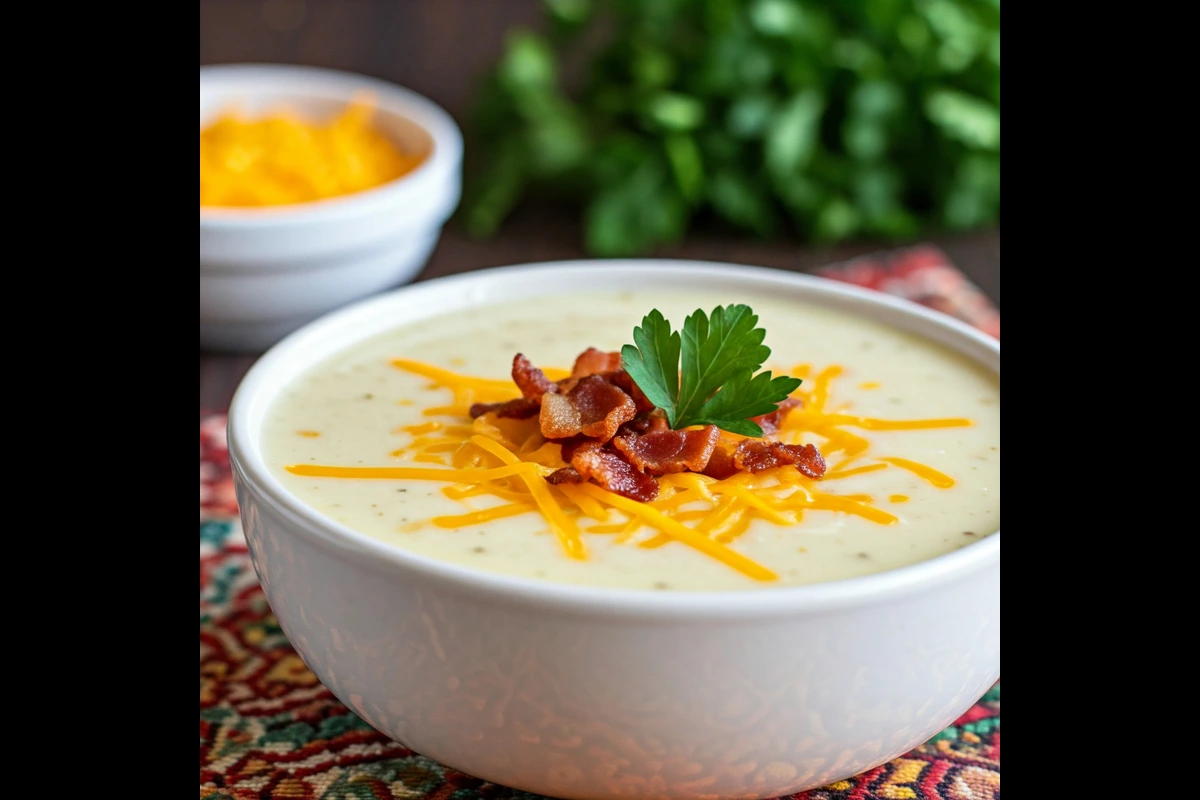 Potato soup topped with cheese, bacon, and parsley