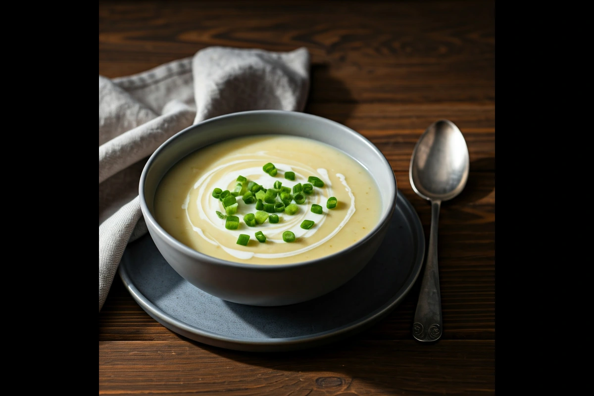 Creamy 4-ingredient potato soup in a bowl with green onion garnish