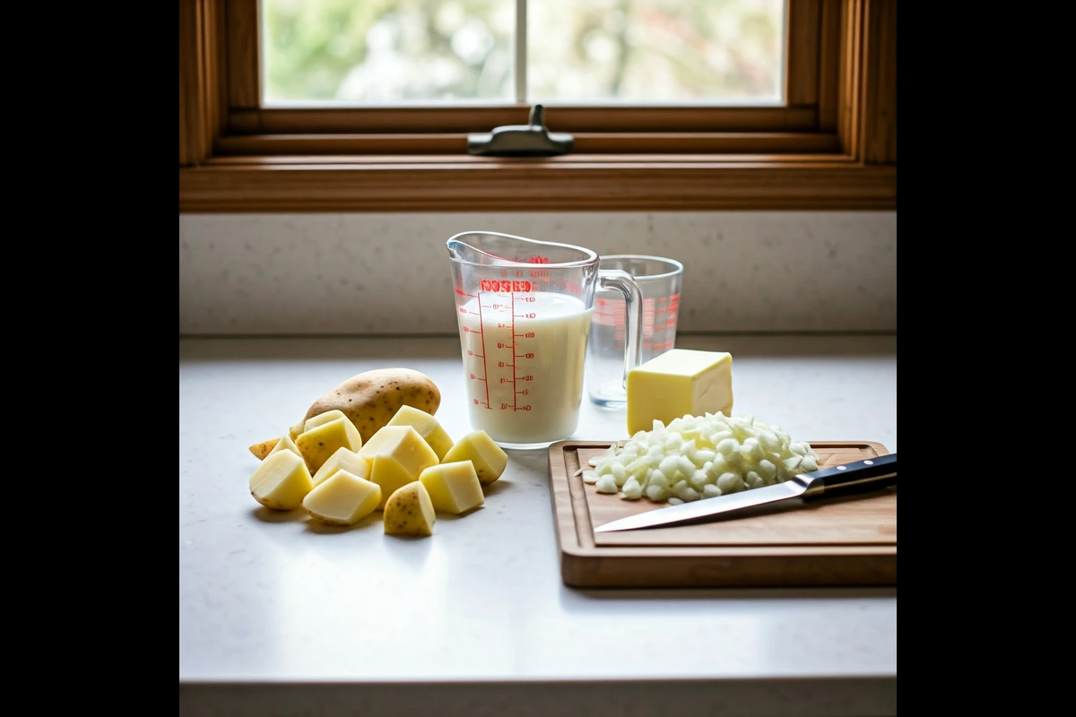 Ingredients for 4-ingredient potato soup on a kitchen counter