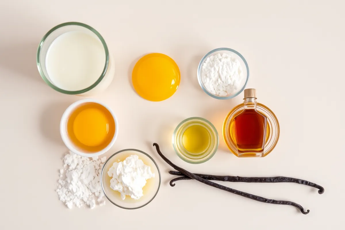 Flat lay of key ingredients used to make Bavarian kreme.