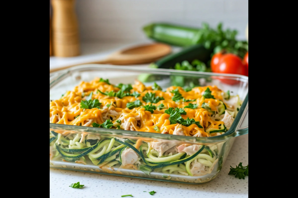 Low-carb chicken casserole with zucchini noodles