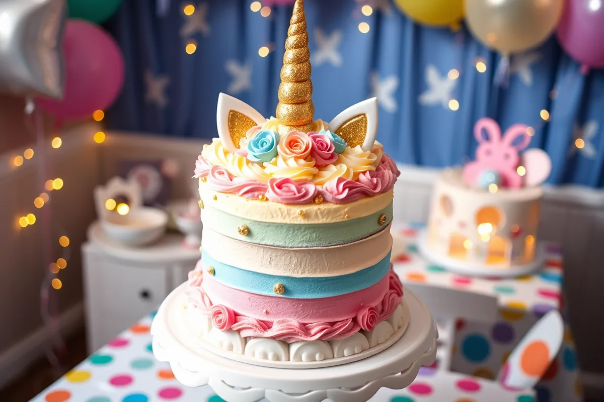 A whimsical unicorn-themed birthday cake with pastel rainbow layers, a golden horn, and edible decorations surrounded by festive party elements.