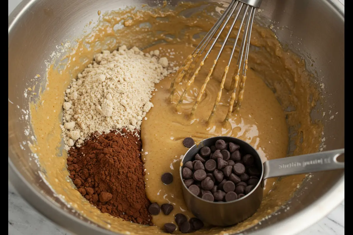 Mixing ingredients for protein brownies in a bowl.