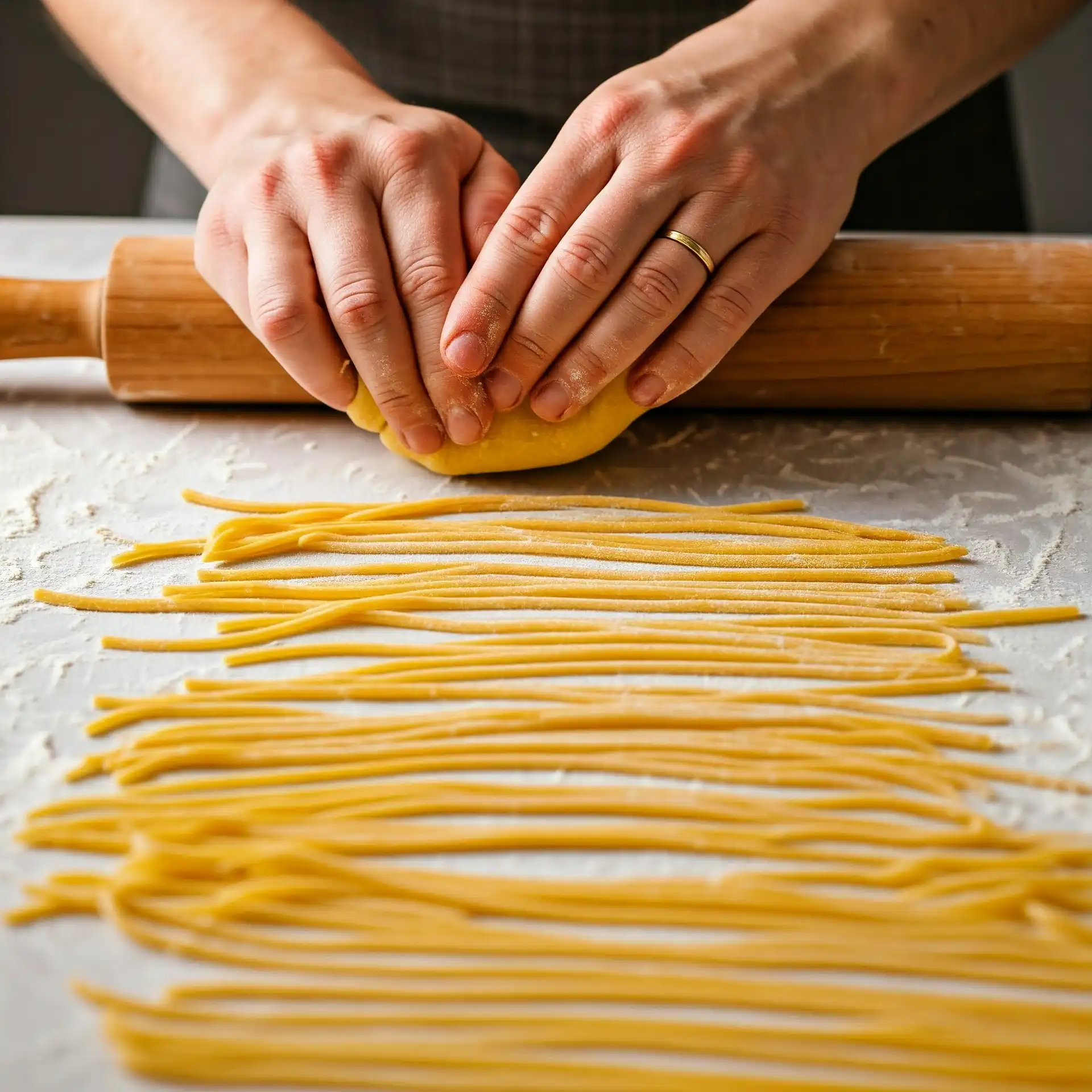 Step-by-step process of making tagliolini pasta from scratch.