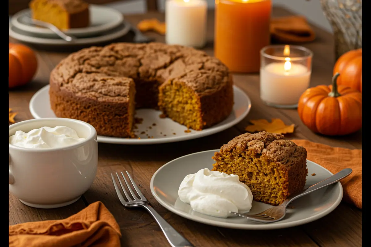 Milk Bar pumpkin coffee cake on a table set for fall with candles and decor.