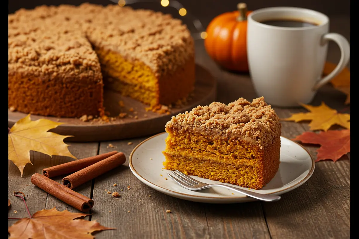 A slice of Milk Bar pumpkin coffee cake on a wooden table with autumn decor