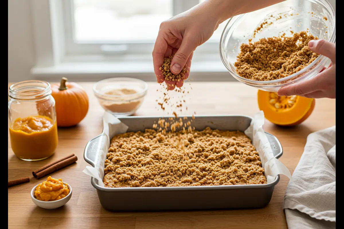 Preparing Milk Bar pumpkin coffee cake with streusel topping