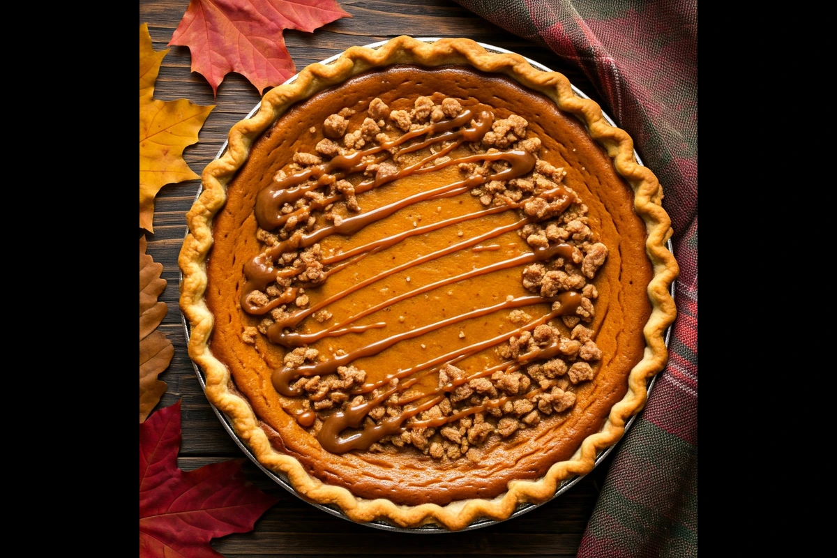 Milk Bar Pumpkin Pie with streusel topping and caramel drizzle