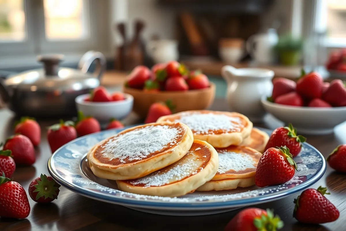 A plate of mini Belgian pancakes with powdered sugar and fresh strawberries in a cozy kitchen setting.