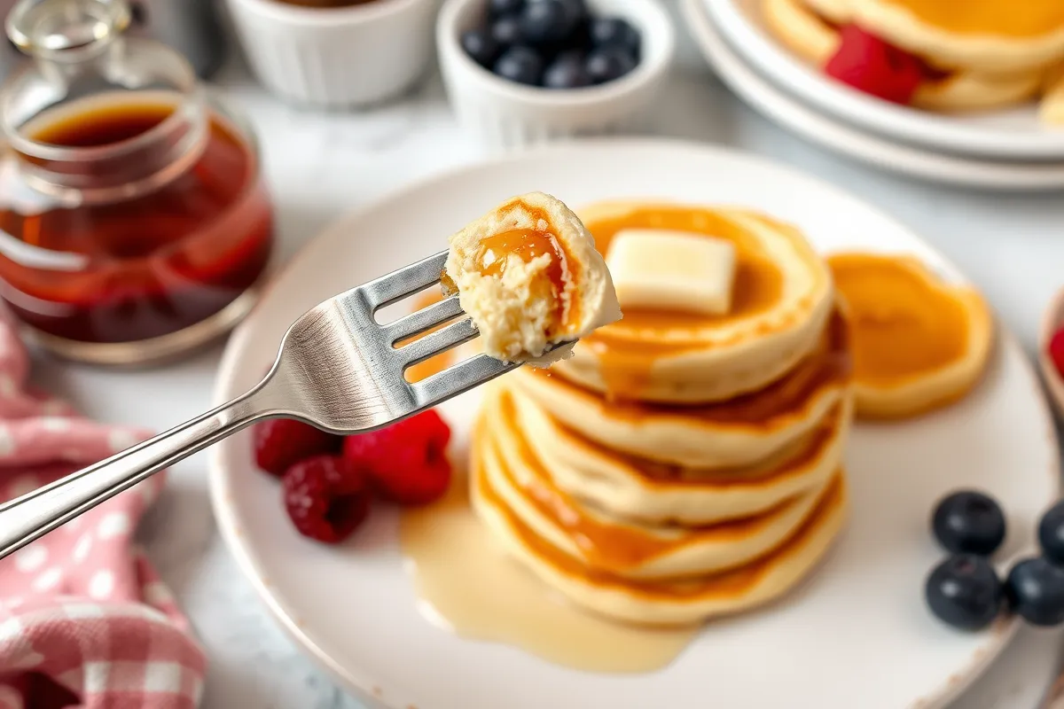 Plate of mini pancakes with syrup, butter, and berries in a cozy kitchen setting.