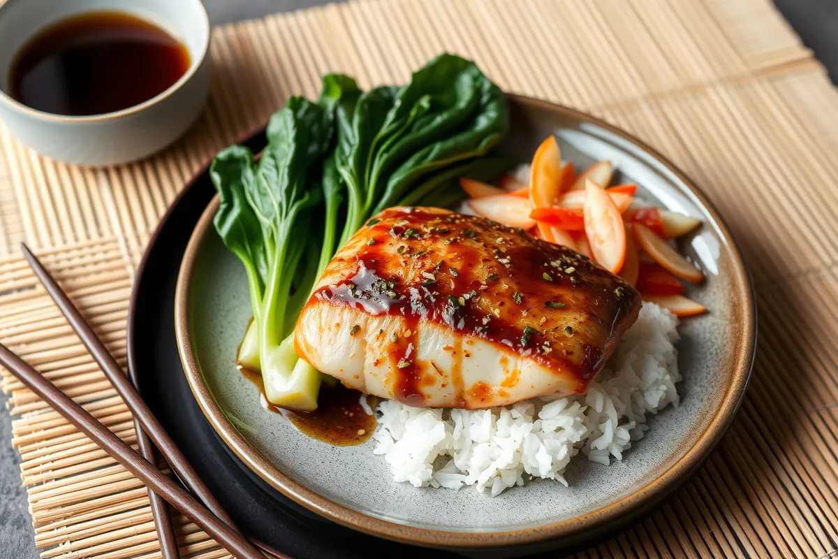 Miso-glazed rockfish served with bok choy and pickled vegetables.