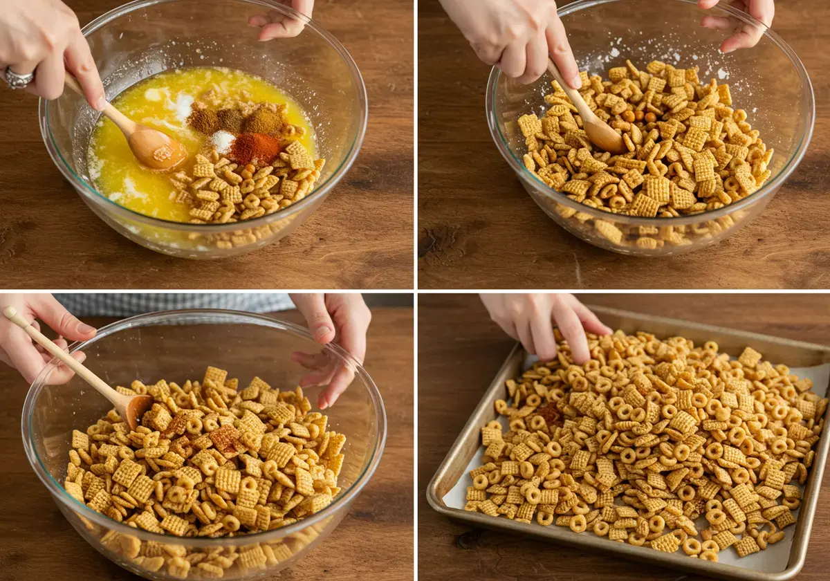 An image demonstrating the preparation of Chex Mix, highlighting the process from mixing to baking.