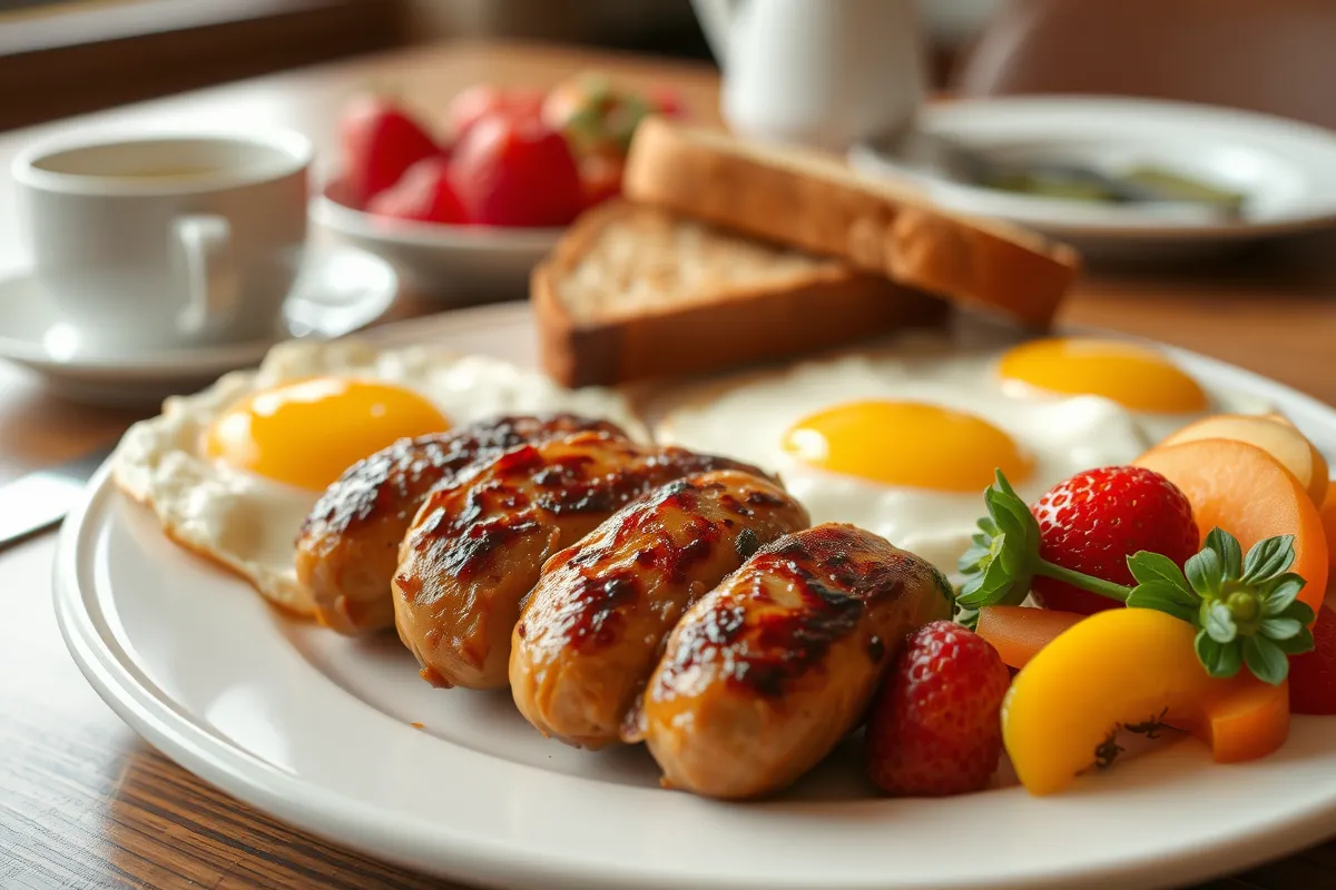 Breakfast scene with chicken sausage, eggs, toast, and fruit.