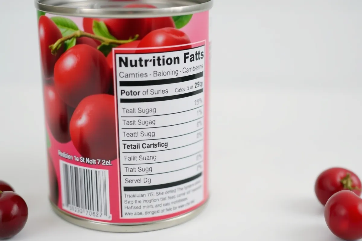  Nutrition label of canned cranberry sauce showing sugar and calorie content.