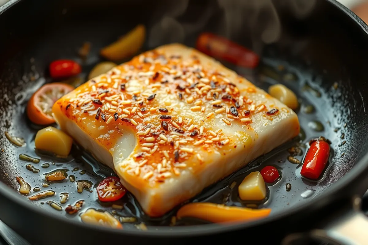 Rockfish fillet pan-frying in sesame oil with garlic and ginger.