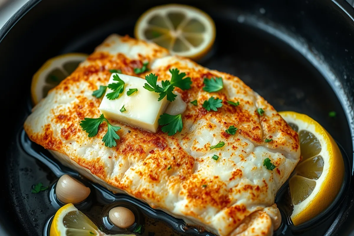 Pan-seared rockfish fillet with butter and herbs