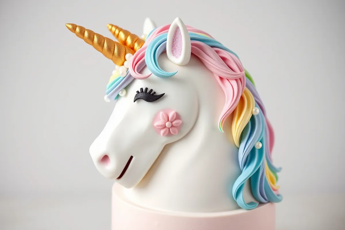 A beautifully decorated unicorn cake design with pastel colors.