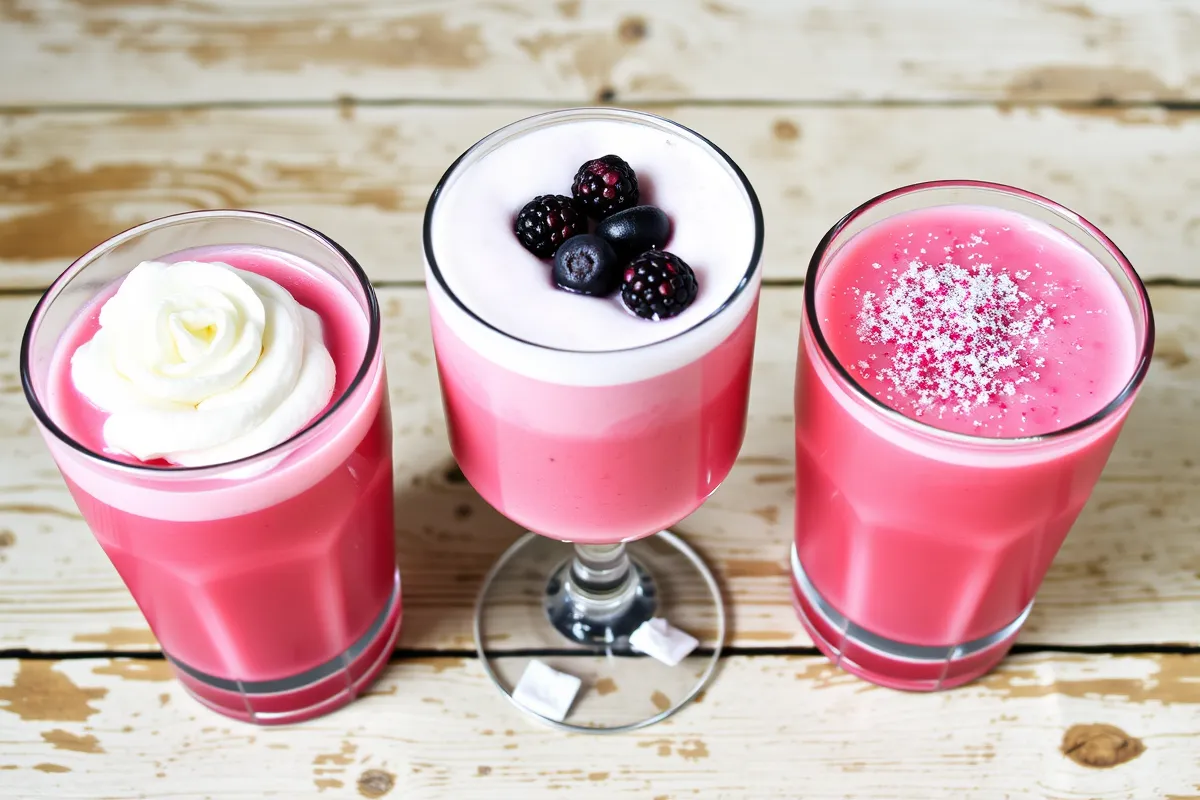 Three customized pink drink variations with different garnishes and styles.