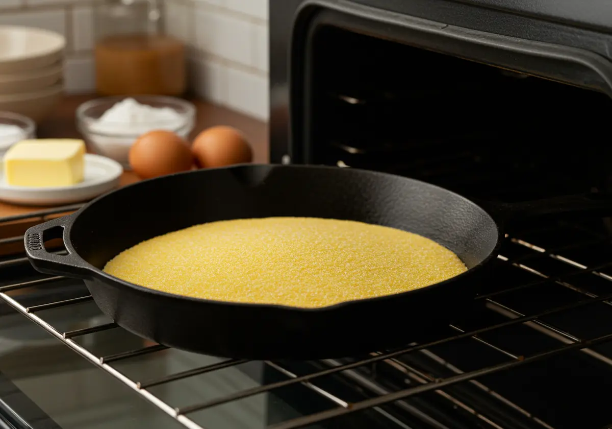 Cast iron skillet preheating for cornbread preparation.