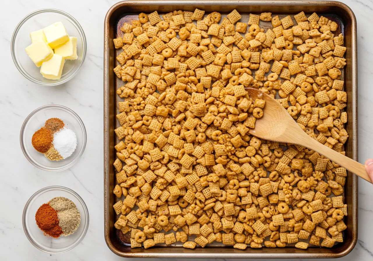 Stirring Chex Mix ingredients on a baking sheet.