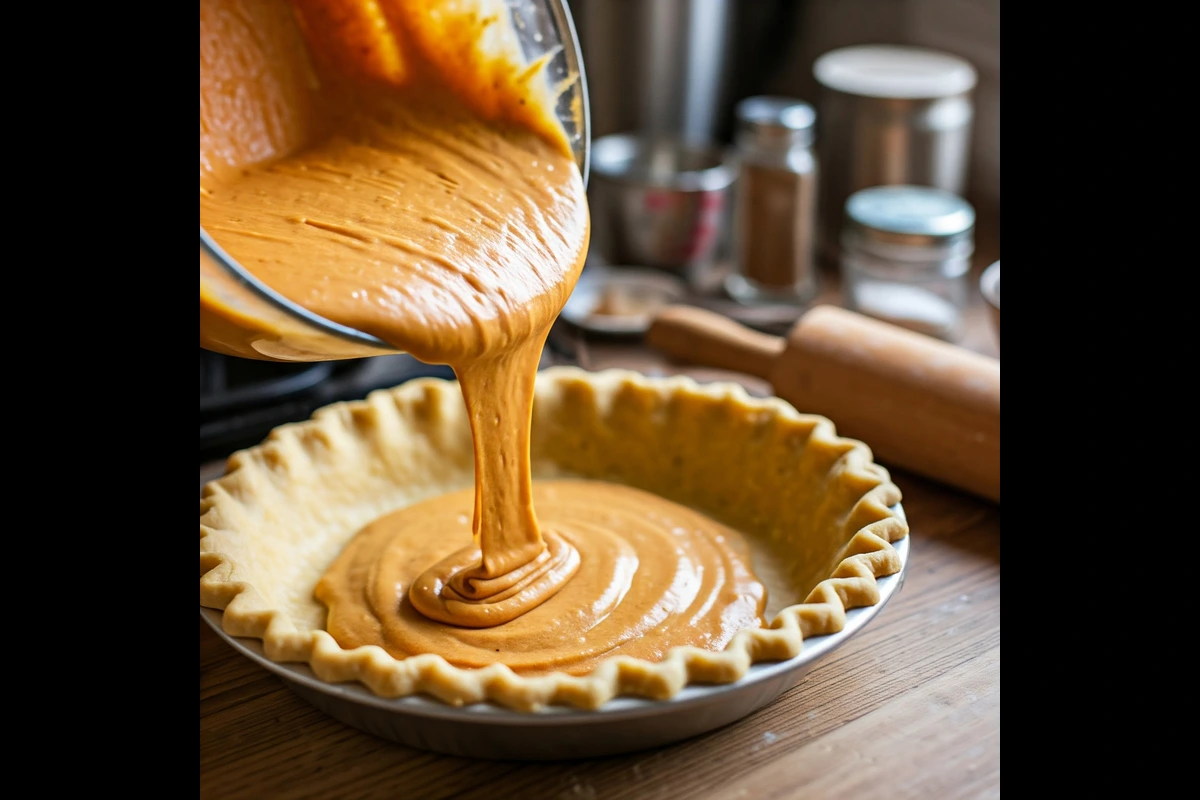 Pumpkin ganache being poured into a cornmeal pie crust