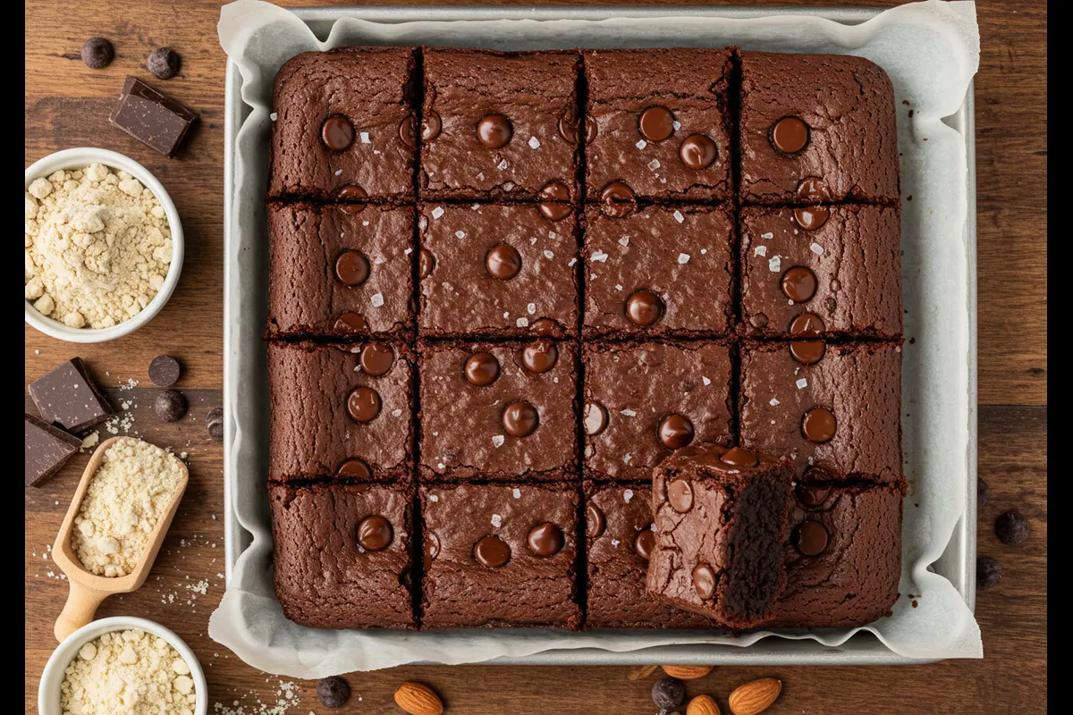 Freshly baked protein brownies topped with chocolate chips.