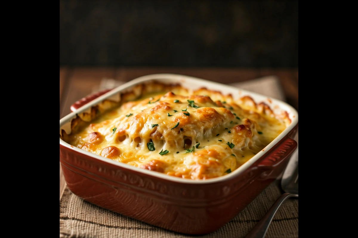 A bubbling chicken casserole with melted cheese and crispy breadcrumbs.