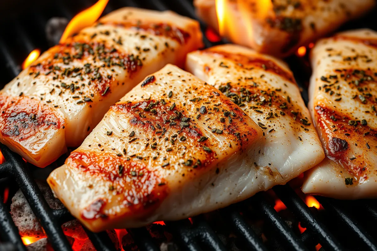 Rockfish fillets grilling with visible char marks.