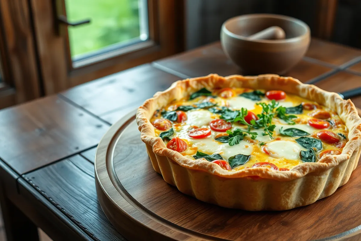 Rustic tortilla quiche with colorful fillings on a wooden platter