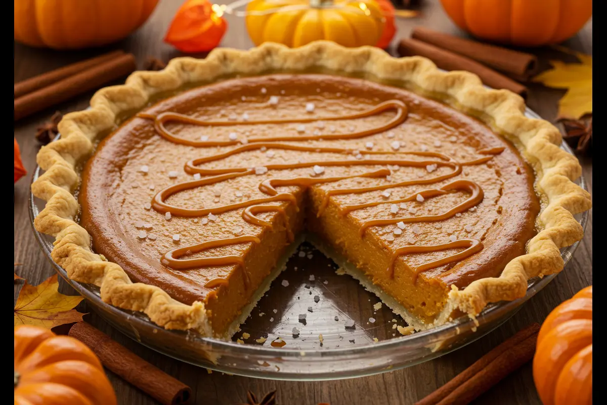 Salted Caramel Pumpkin Pie with Autumn Decor