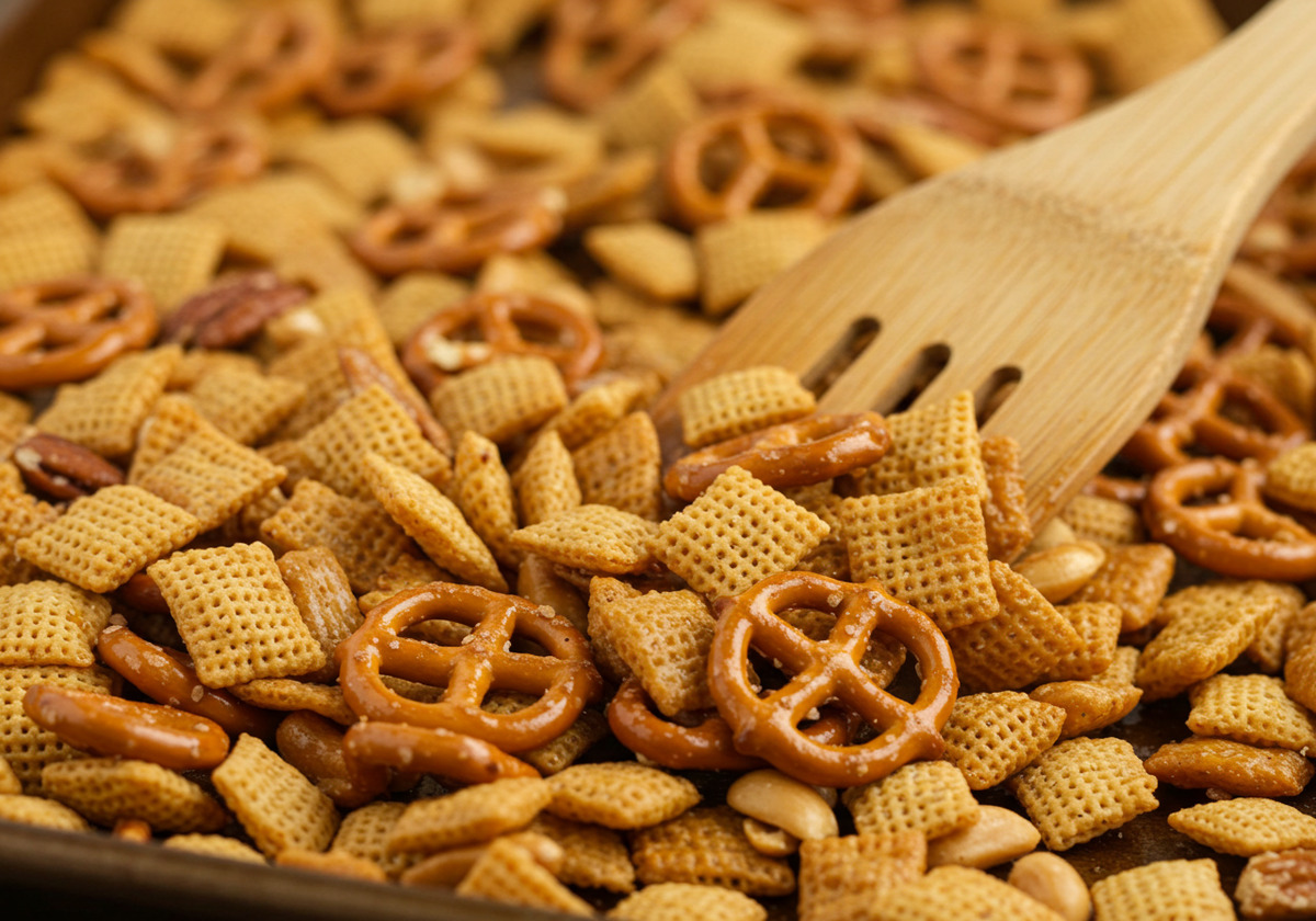 Savory Chex Mix on a baking sheet with pretzels, nuts, and crackers.