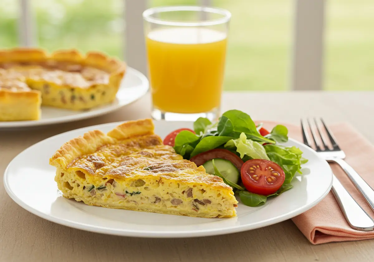 Tortilla quiche slice with fresh salad and orange juice