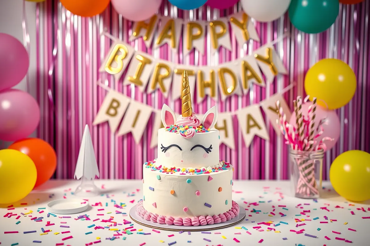 Finished unicorn cake on a decorated party table with balloons and confetti.