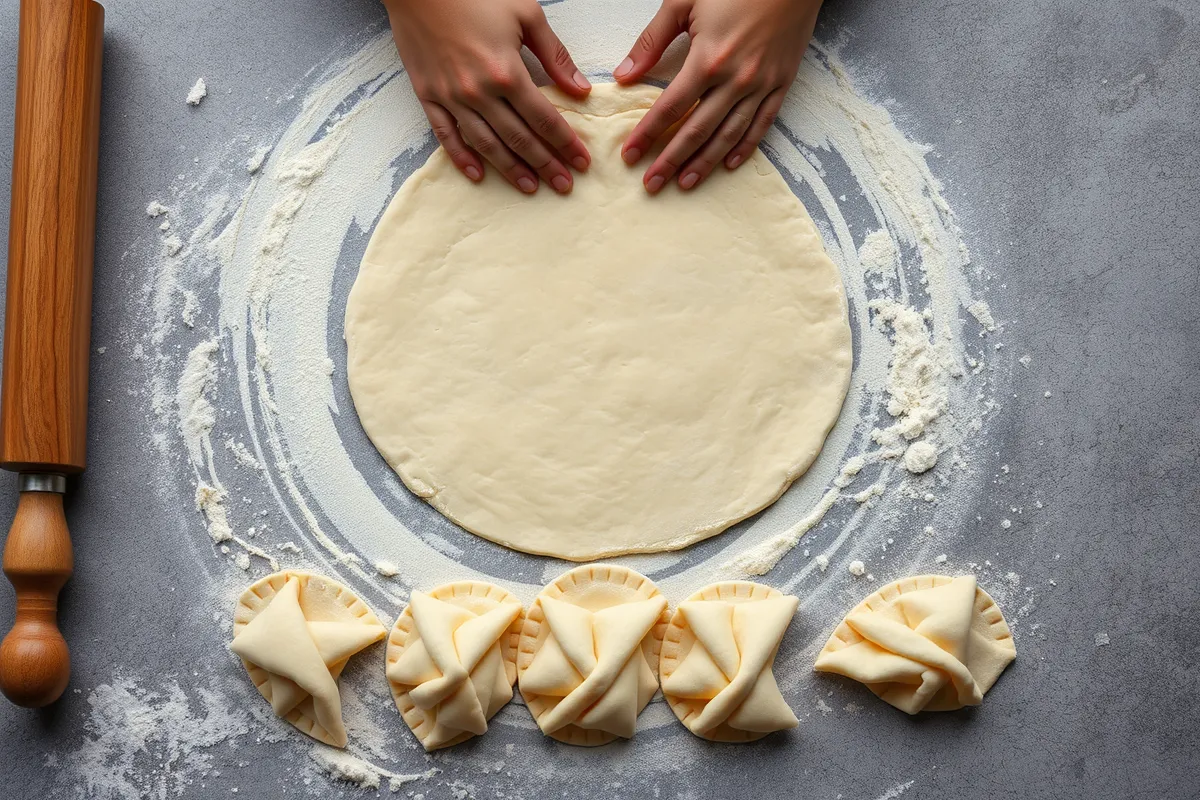 Hands rolling and shaping Gipfeli dough on a floured surface with a rolling pin.