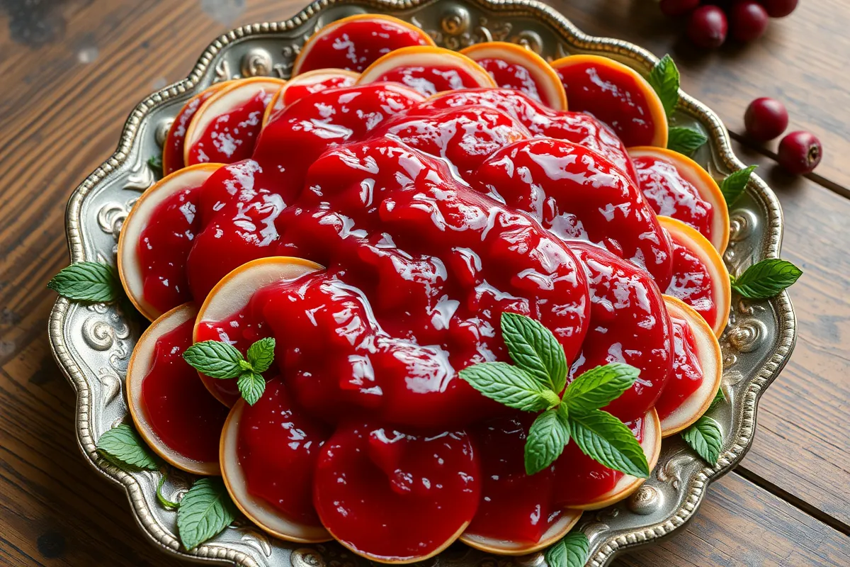 Sliced canned cranberry sauce on a decorative platter