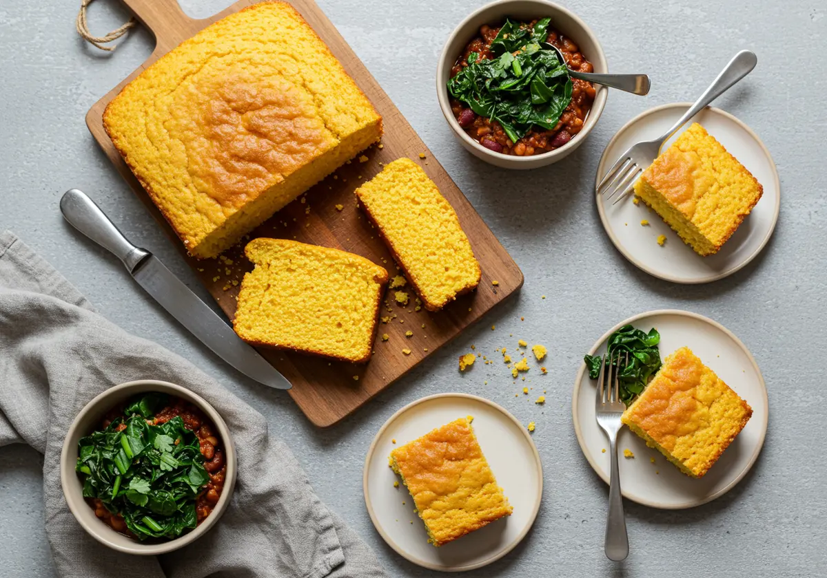 Sliced southern cornbread served with chili and greens.