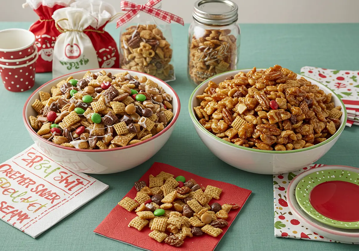 Sweet and savory Chex Mix bowls with holiday decor.