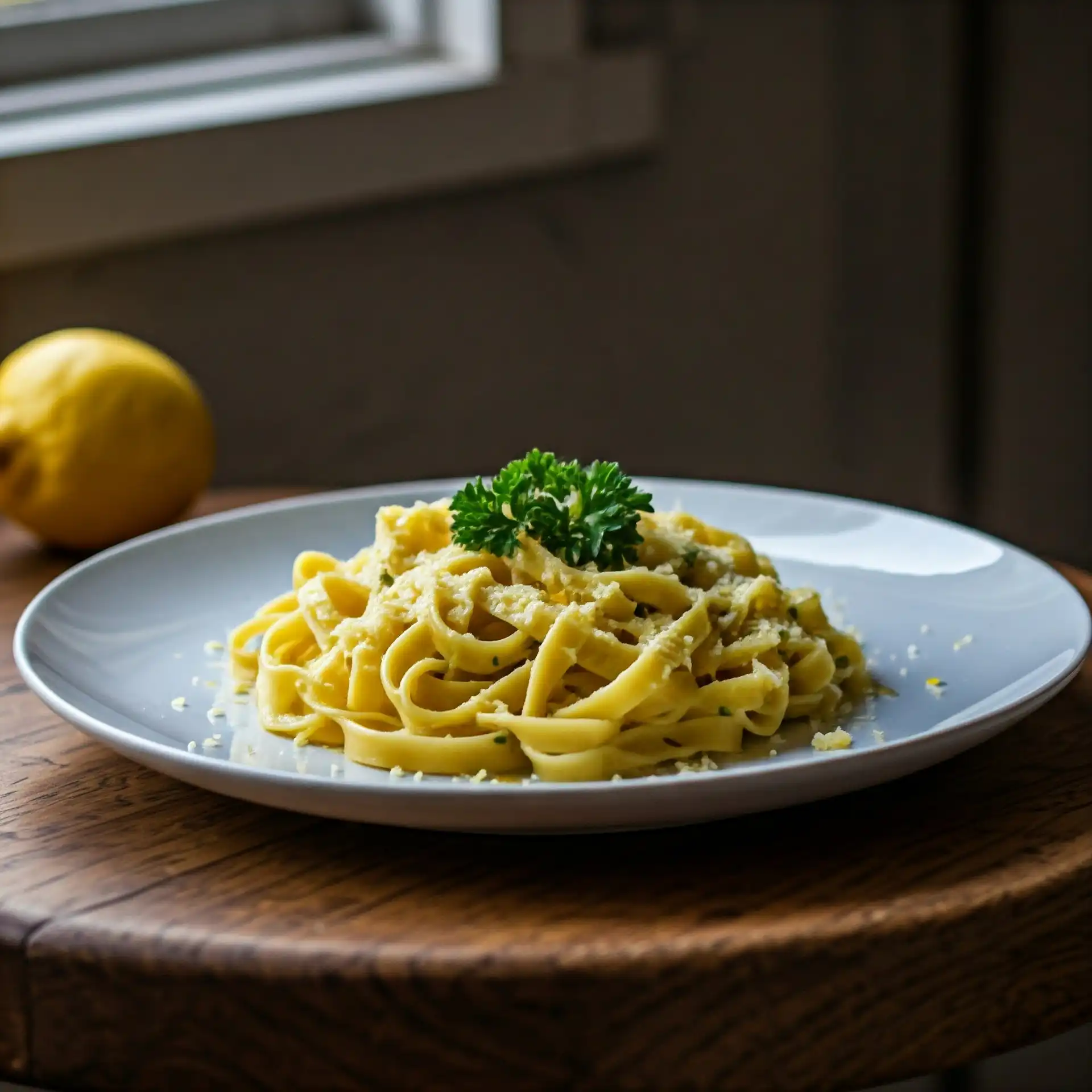 Freshly cooked tagliolini al limone with lemon zest and Parmesan.