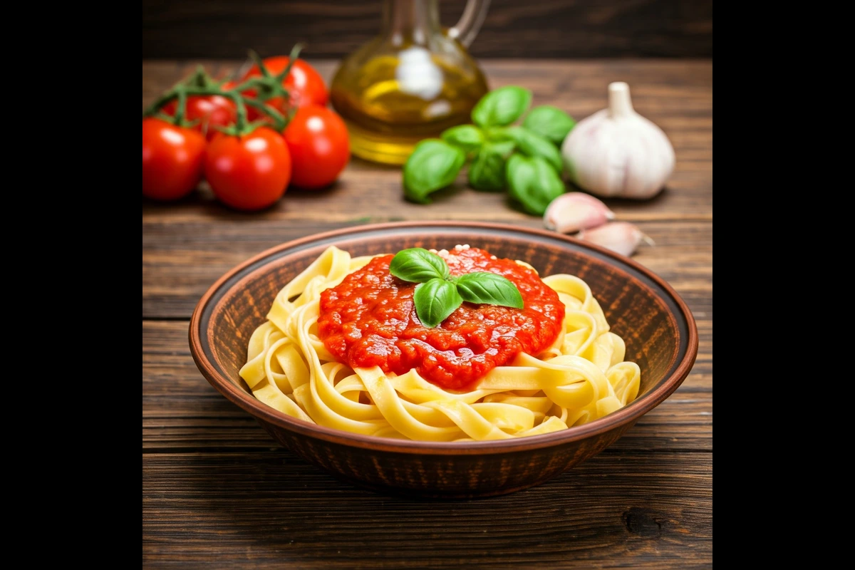 Freshly cooked Tagliolini pasta with tomato sauce and basilFreshly cooked Tagliolini pasta with tomato sauce and basil