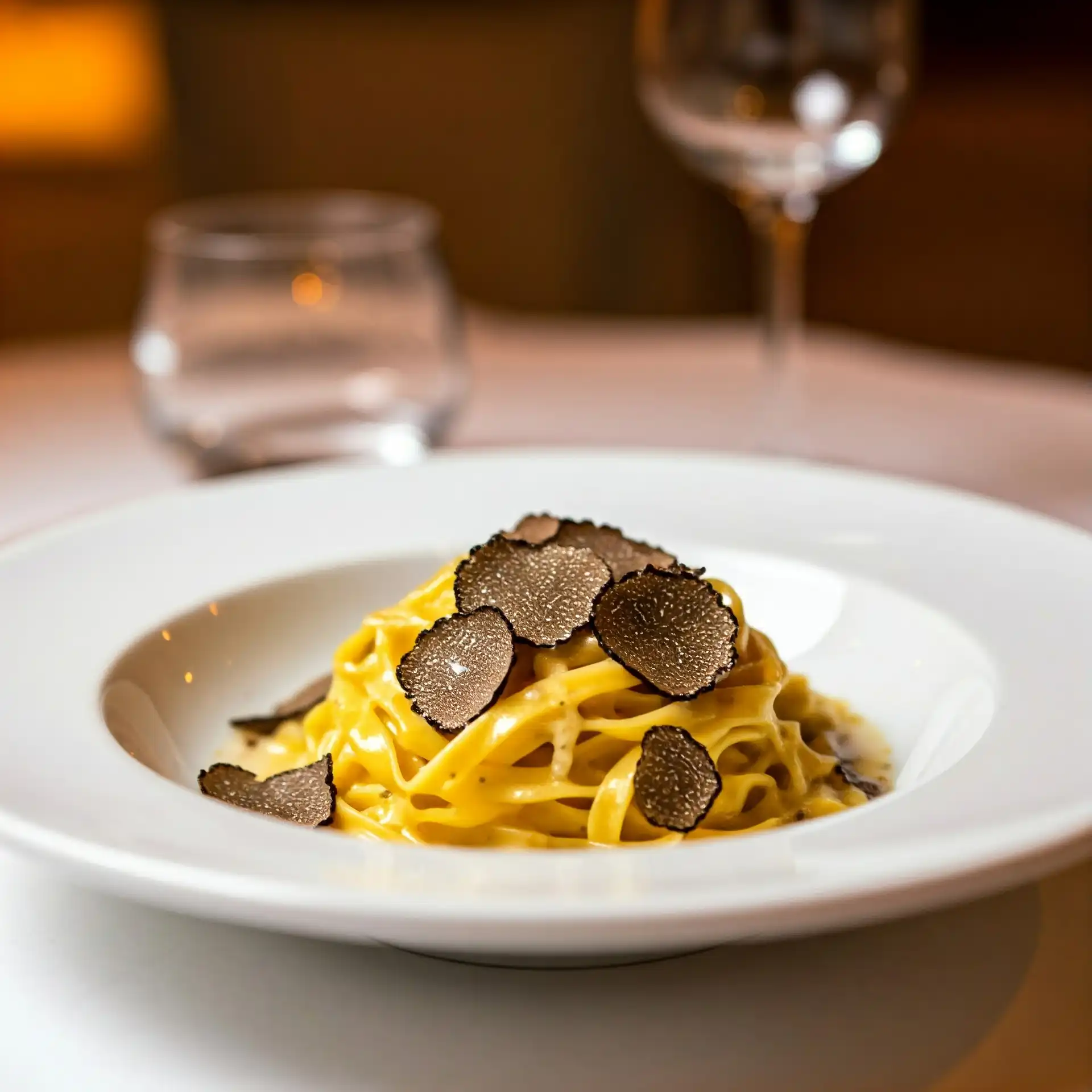 Tagliolini with black truffles and Parmesan in an elegant bowl.Tagliolini with black truffles and Parmesan in an elegant bowl.