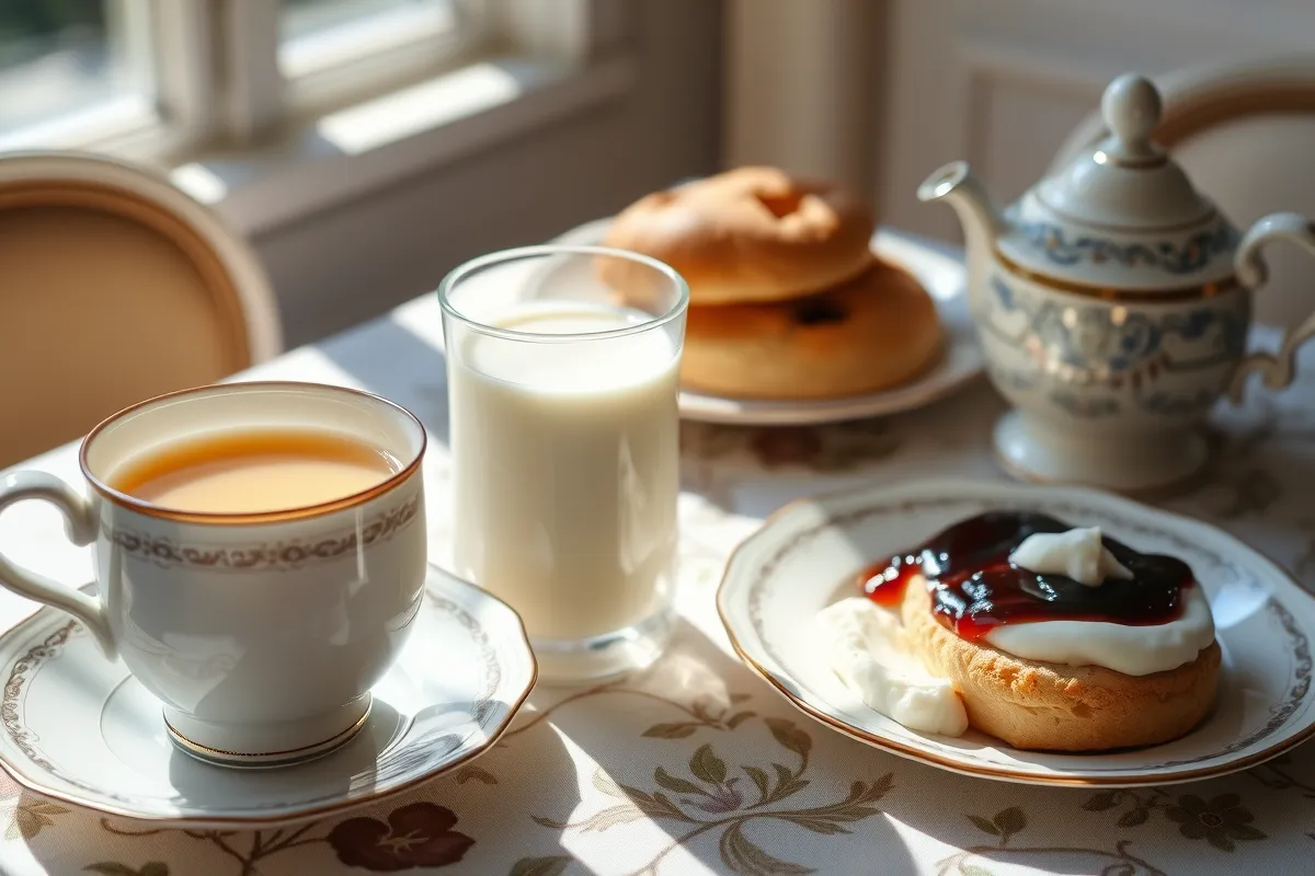 English Breakfast Tea with milk served with scones and jam.