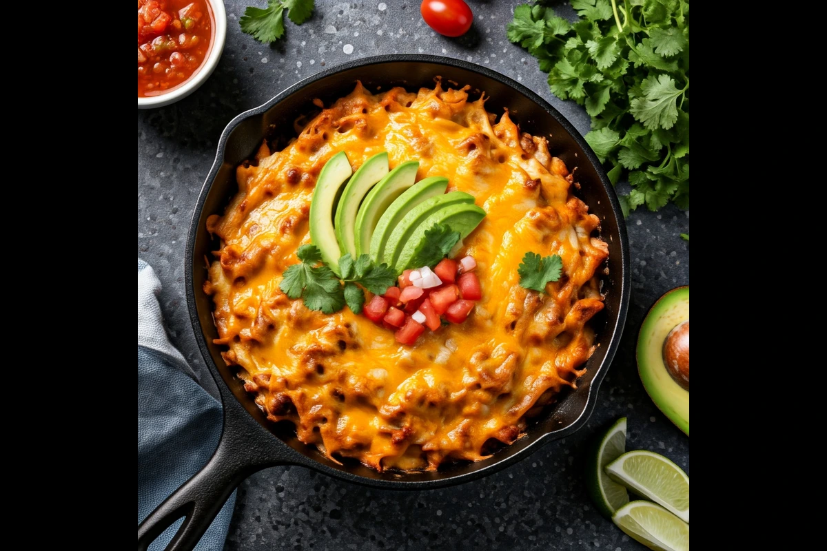 A creamy rotisserie chicken casserole topped with melted cheese and parsley, served on a rustic table.