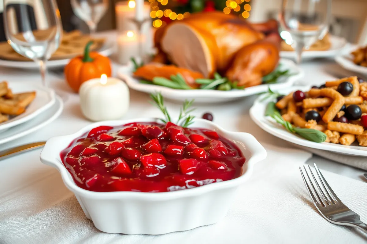 Thanksgiving dinner with turkey, stuffing, and cranberry sauce