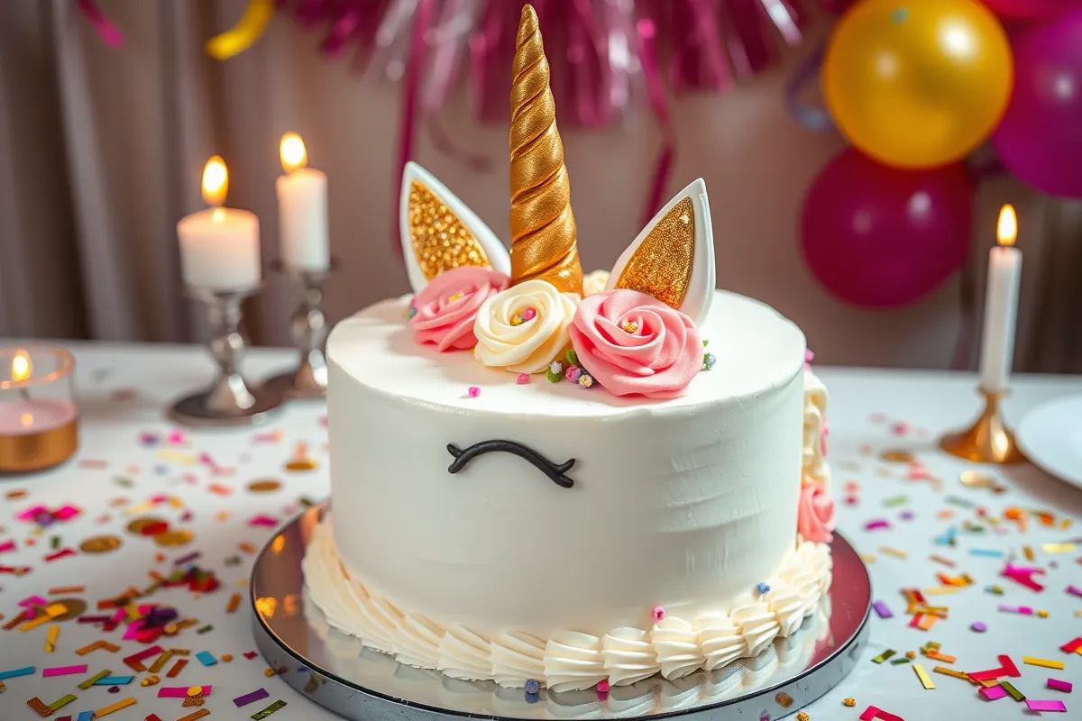 Fully decorated unicorn cake with golden horn and pastel rosettes on a festive table.